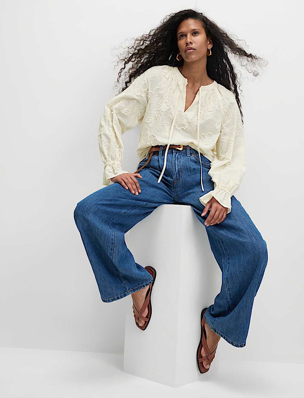 Pure Cotton Appliqu&eacute; Tie Neck Blouse