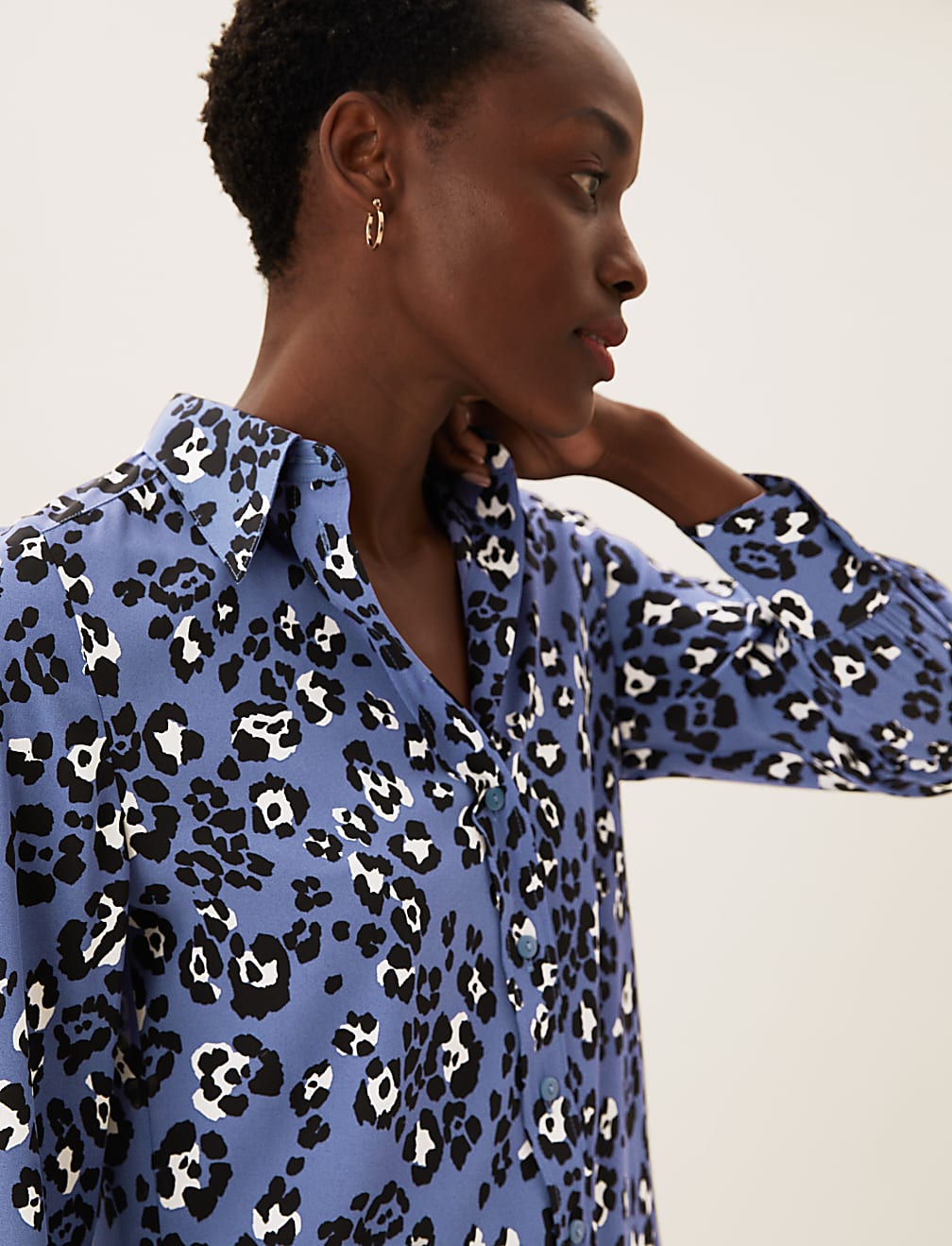 Animal Print Collared Long Sleeve Blouse