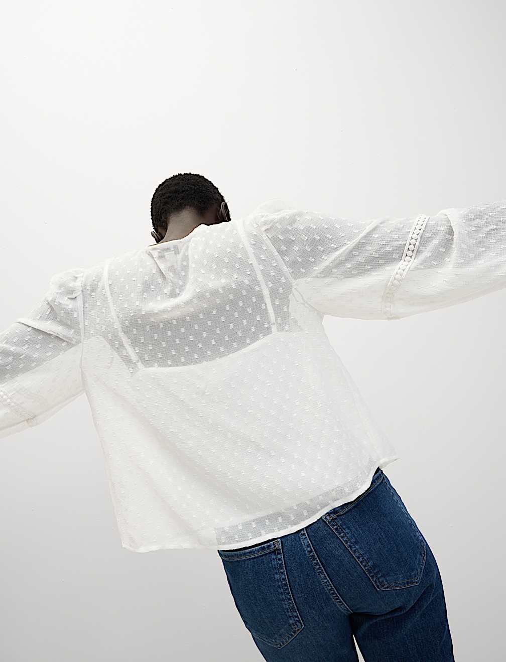 Dobby Textured V-Neck Long Sleeve Blouse