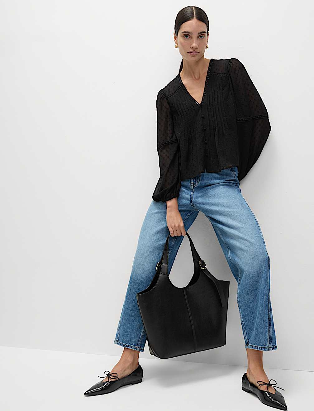 Dobby Textured V-Neck Long Sleeve Blouse