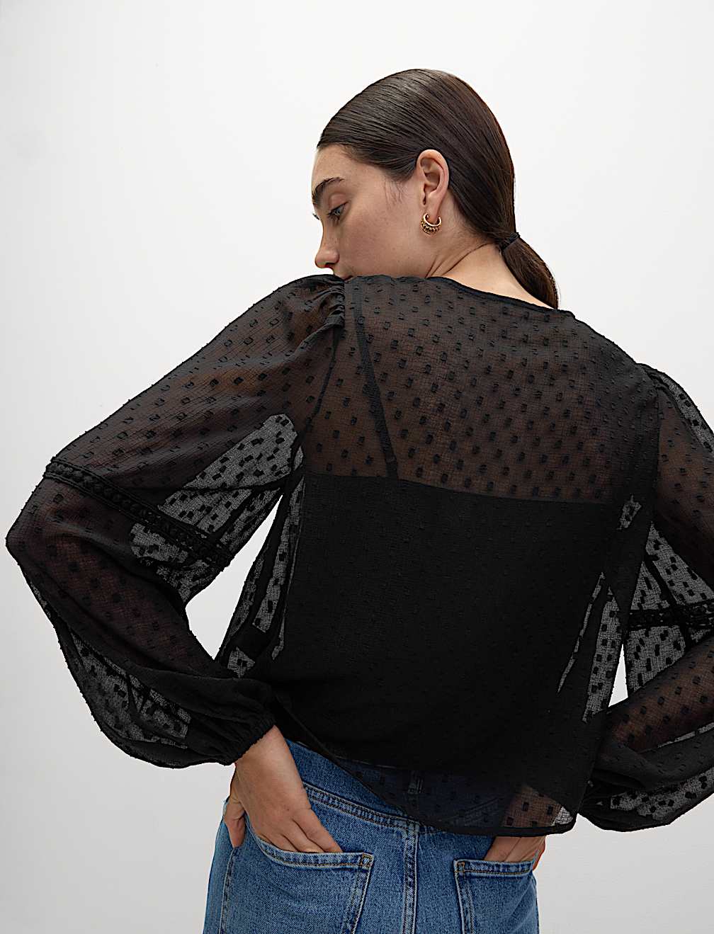 Dobby Textured V-Neck Long Sleeve Blouse