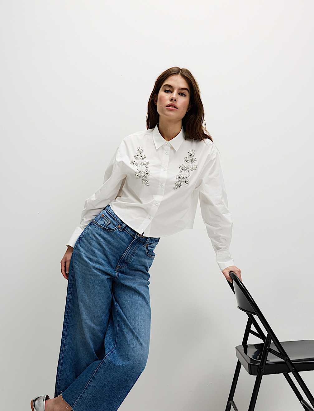 Pure Cotton Embellished Collared Crop Shirt