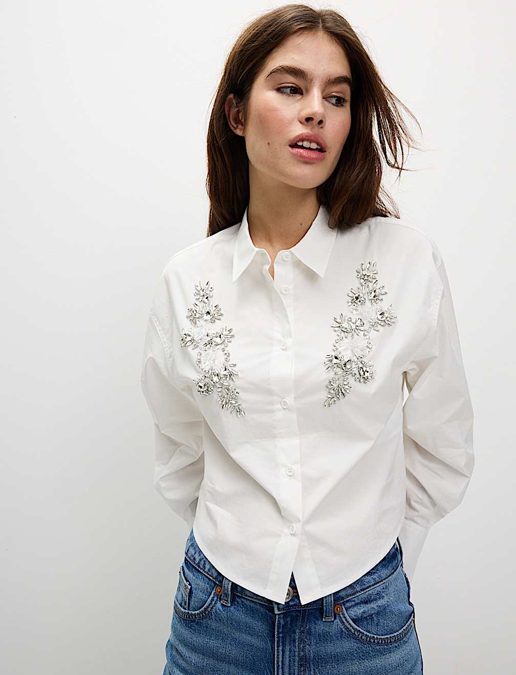 Pure Cotton Embellished Collared Crop Shirt