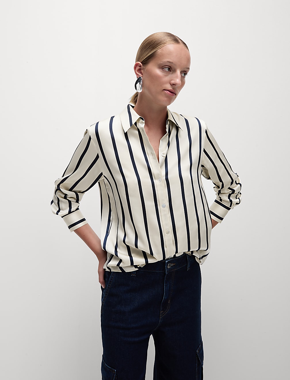 Satin Striped Collared Button Through Shirt
