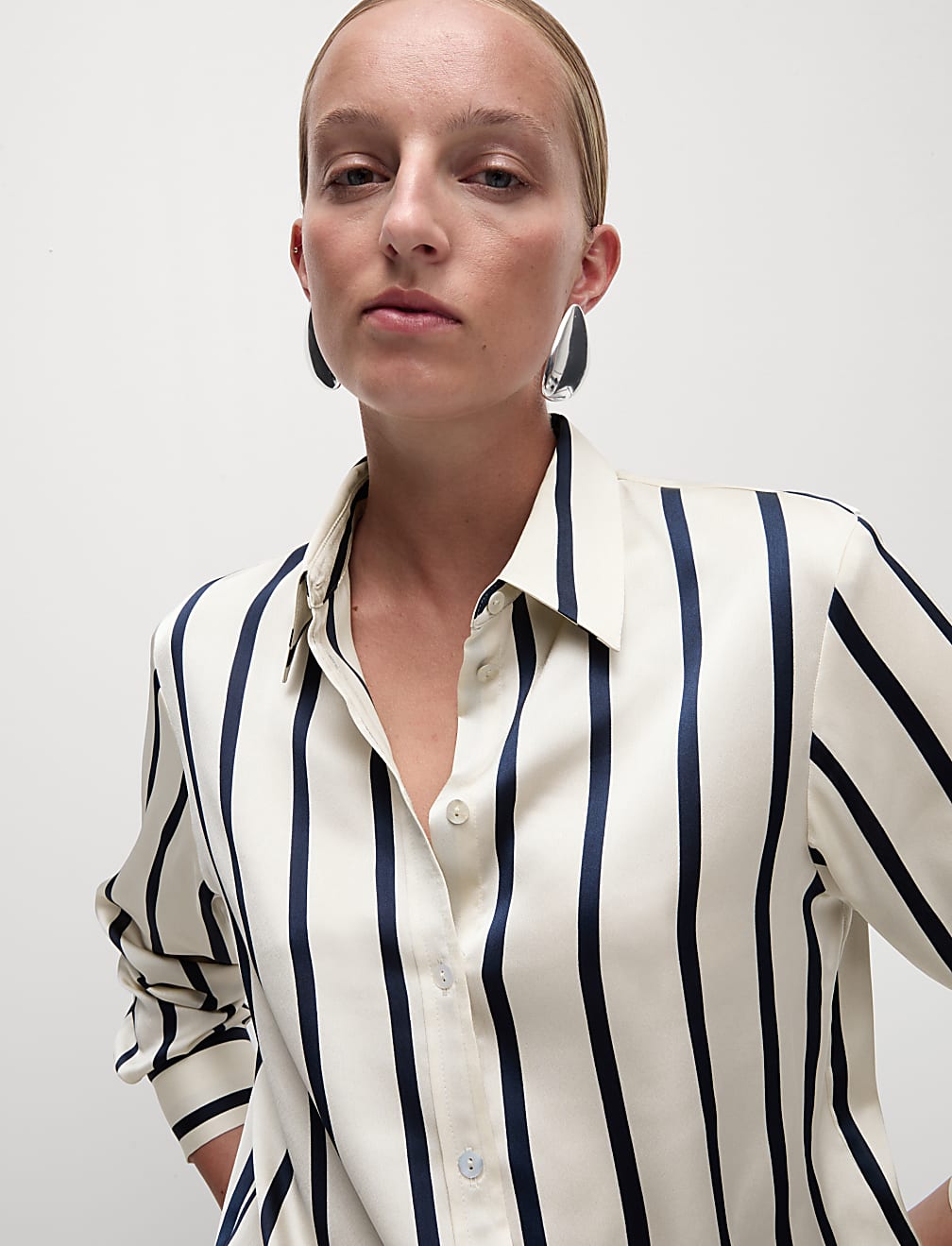 Satin Striped Collared Button Through Shirt