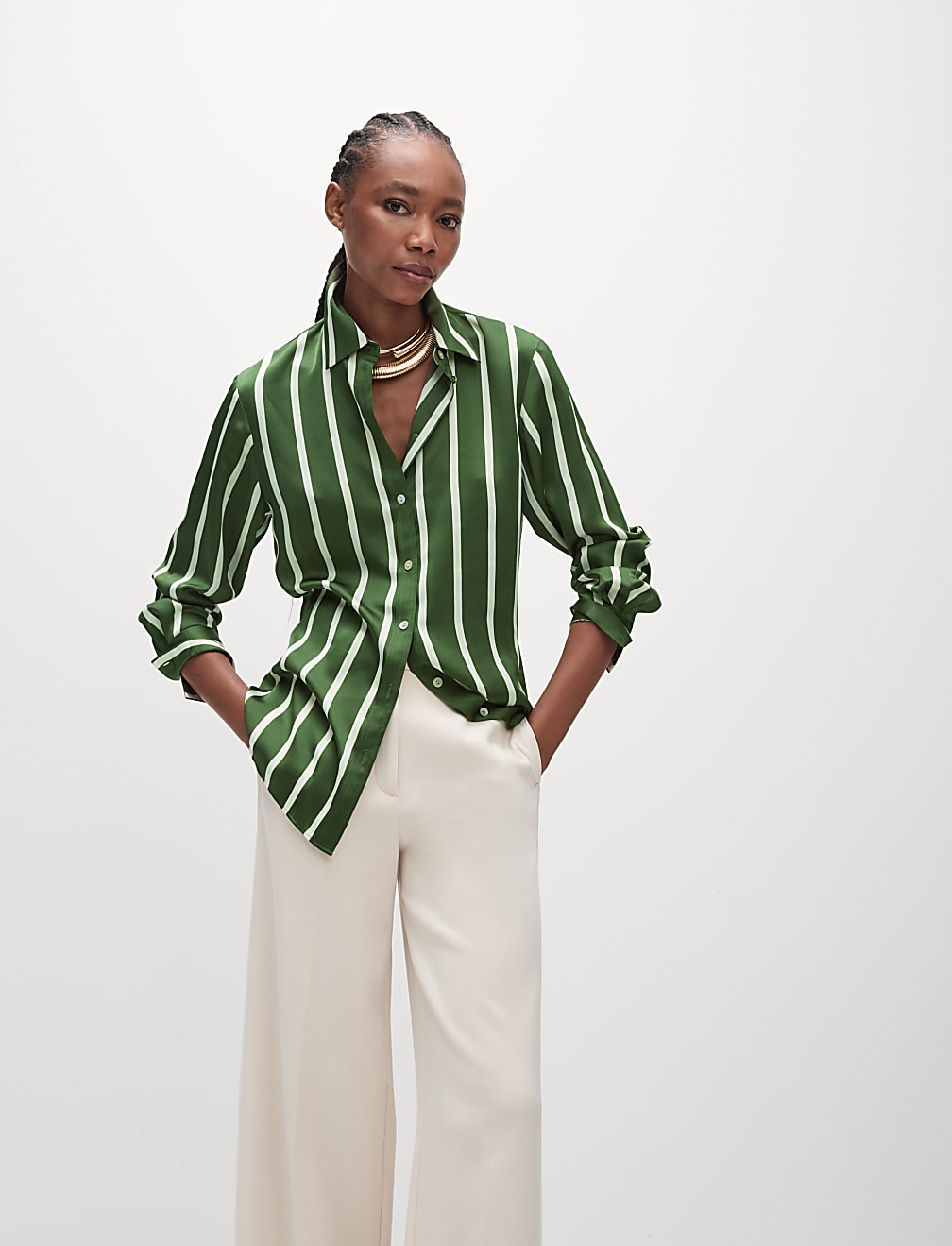 Satin Striped Collared Button Through Shirt