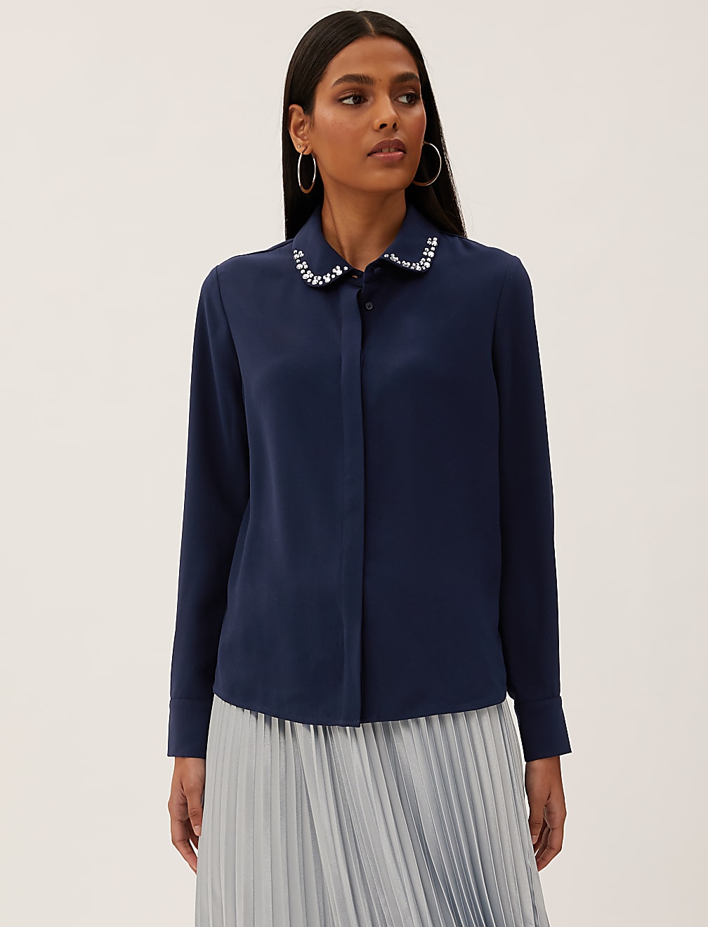 Embellished Collared Long Sleeve Blouse