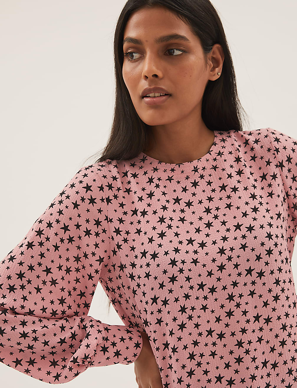 Star Print Round Neck Long Sleeve Blouse