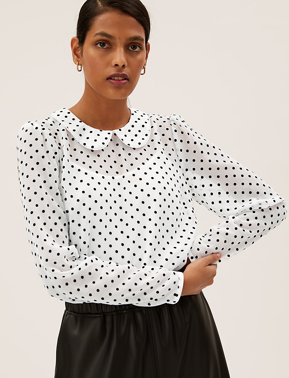 Polka Dot Collared Long Sleeve Blouse