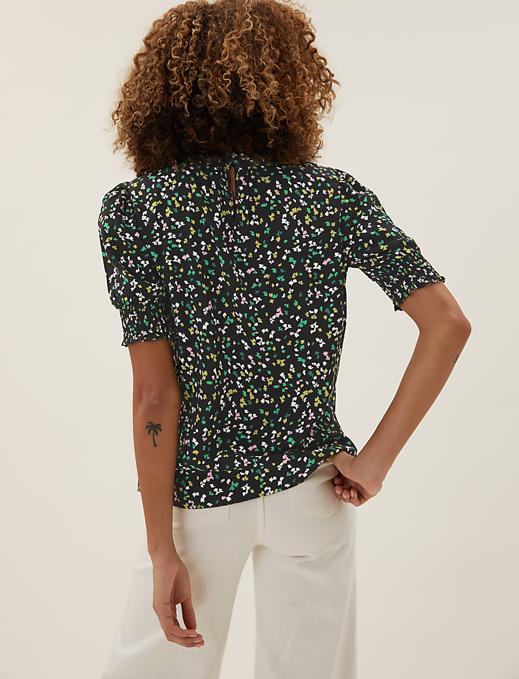 Ditsy Floral High Neck Short Sleeve Top