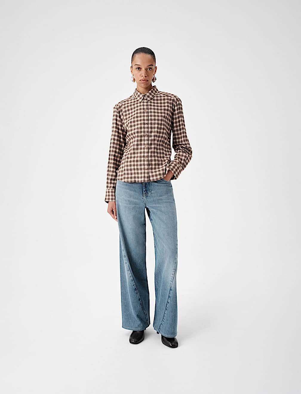 Cotton Blend Check Tie Neck Fitted Shirt