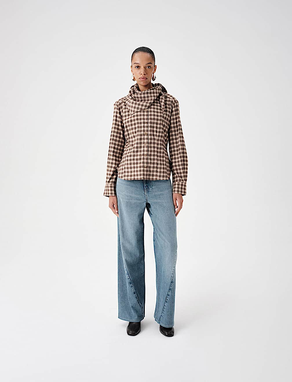 Cotton Blend Check Tie Neck Fitted Shirt