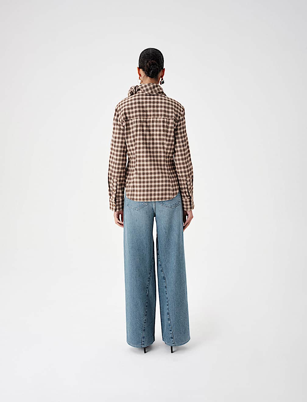 Cotton Blend Check Tie Neck Fitted Shirt