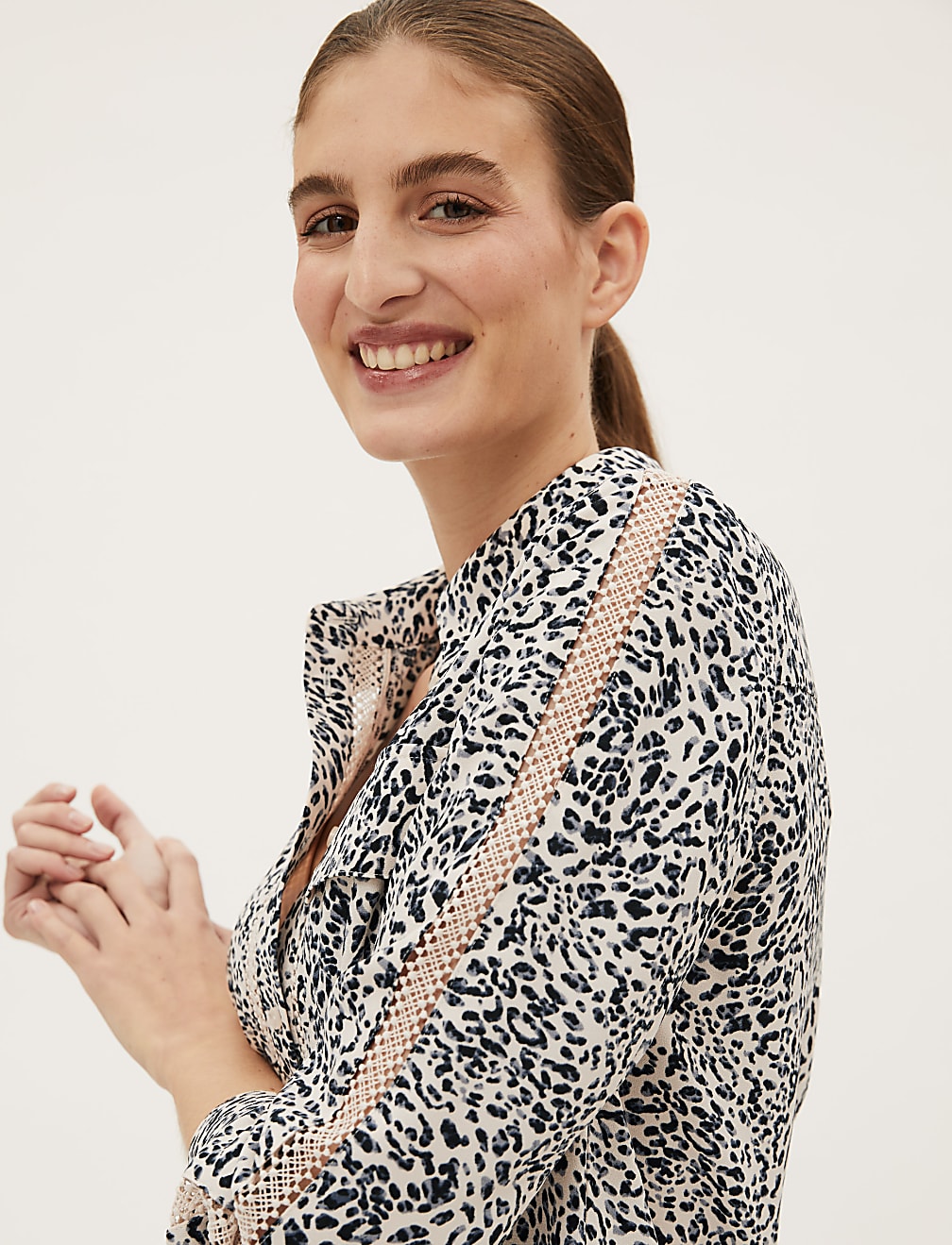Animal Print Lace Insert Long Sleeve Shirt