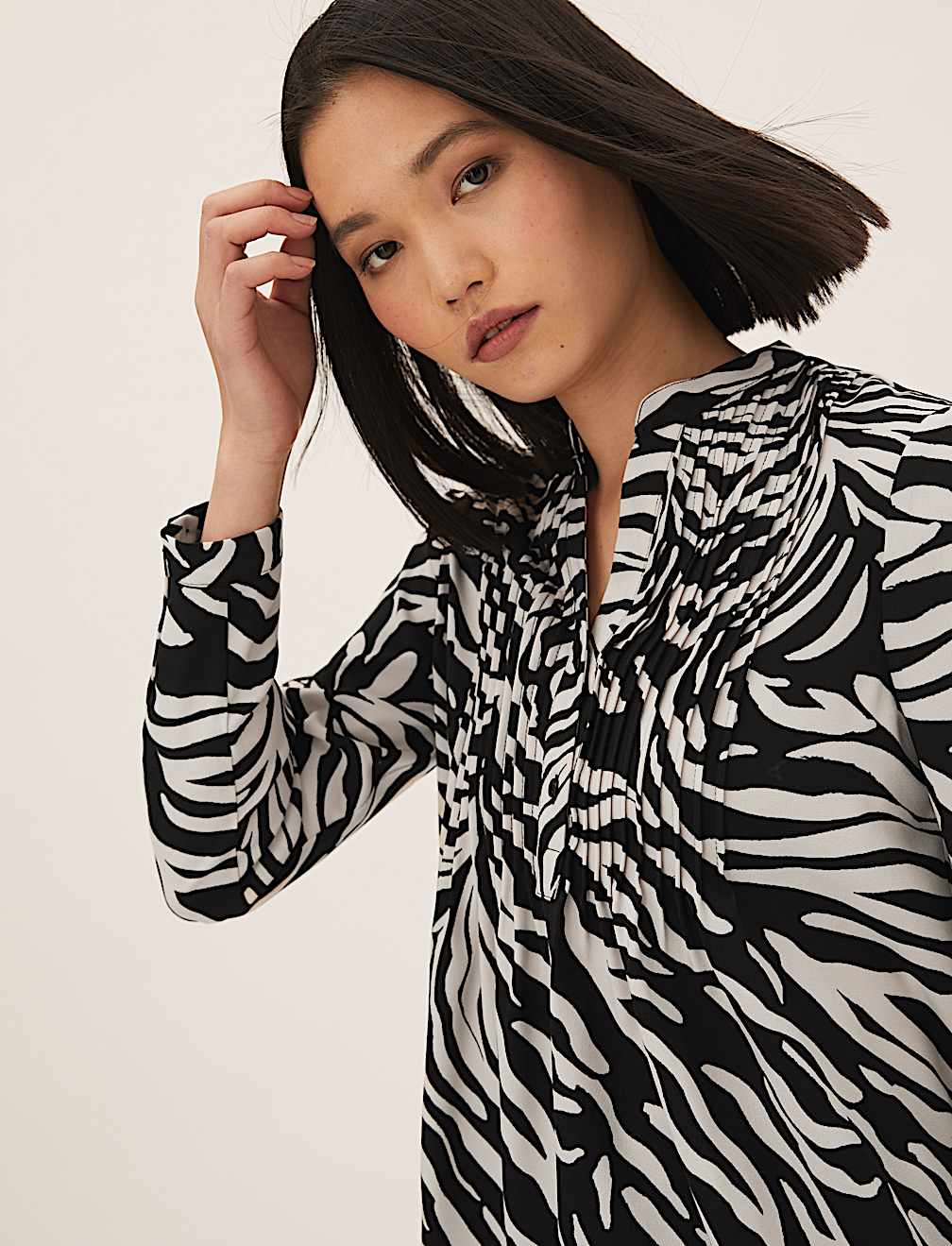 Animal Print Pintuck Popover Blouse