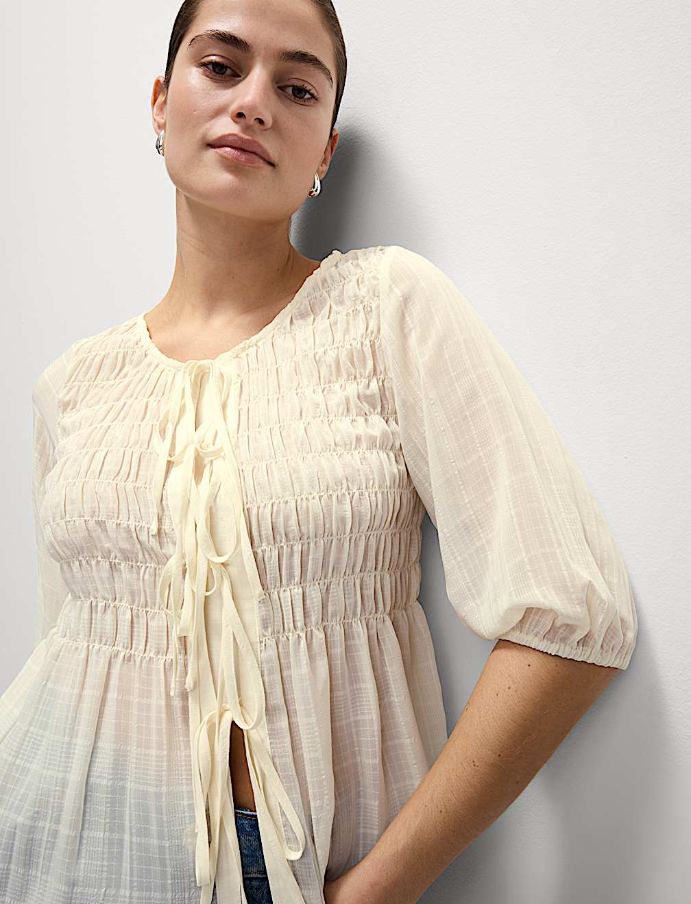 Round Neck Tie Front Shirred Blouse