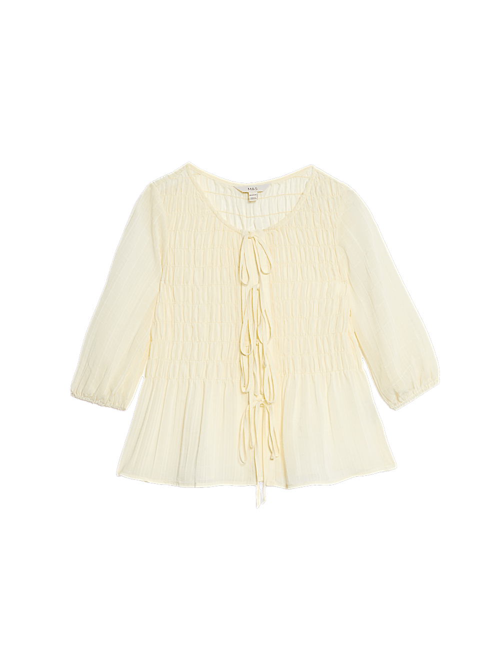 Round Neck Tie Front Shirred Blouse