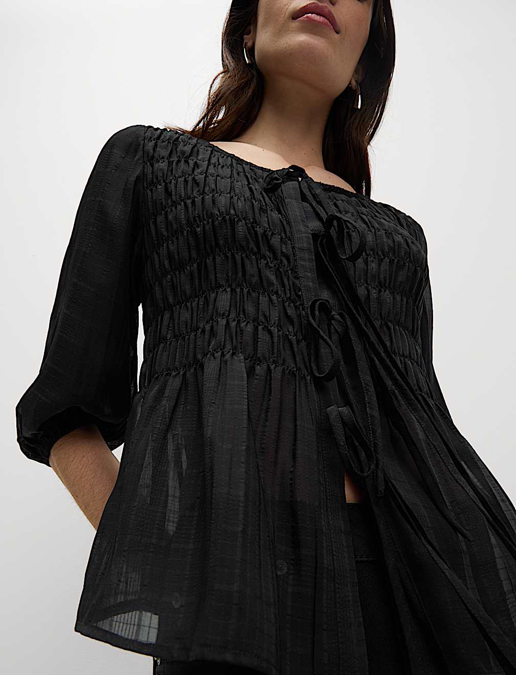 Round Neck Tie Front Shirred Blouse