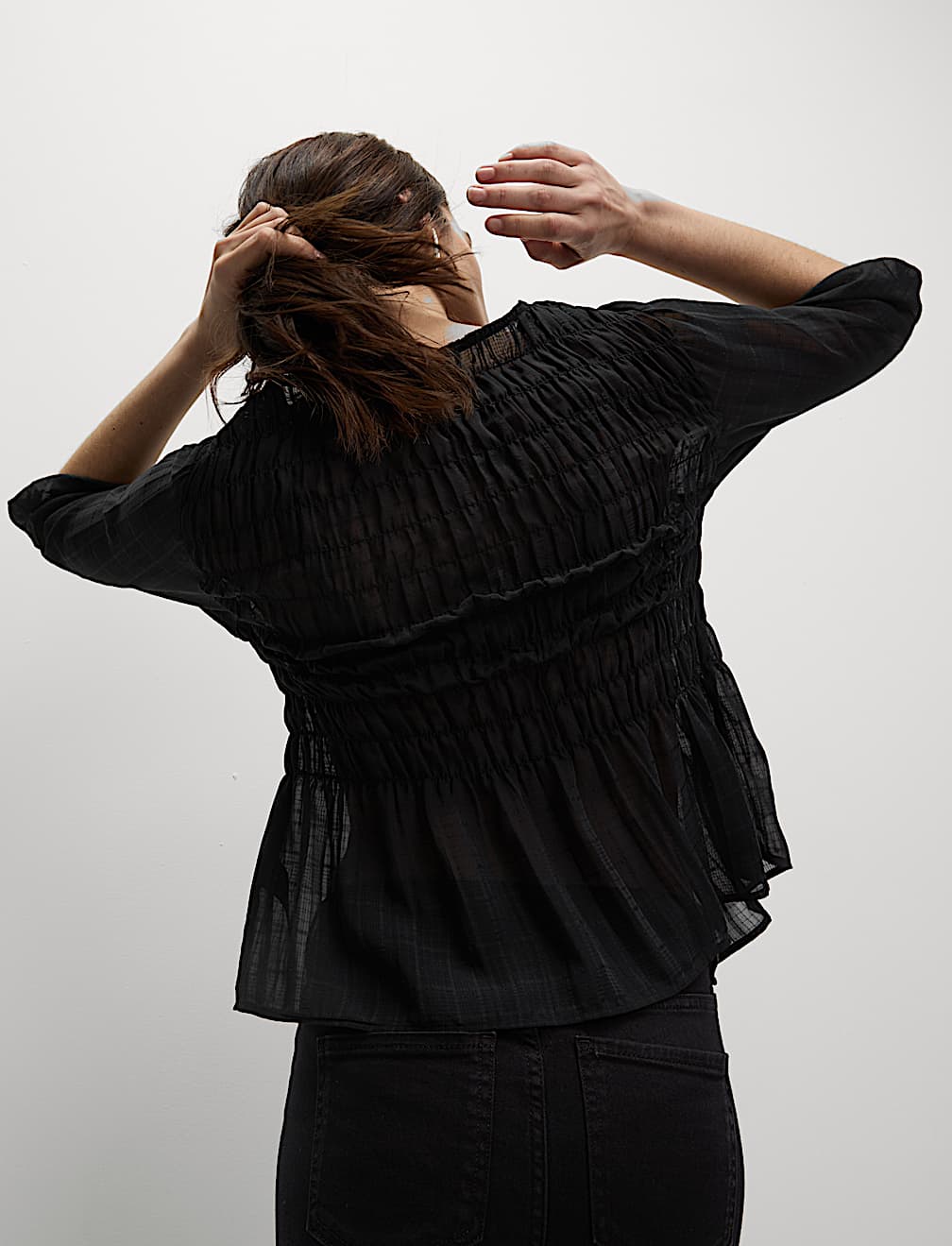 Round Neck Tie Front Shirred Blouse