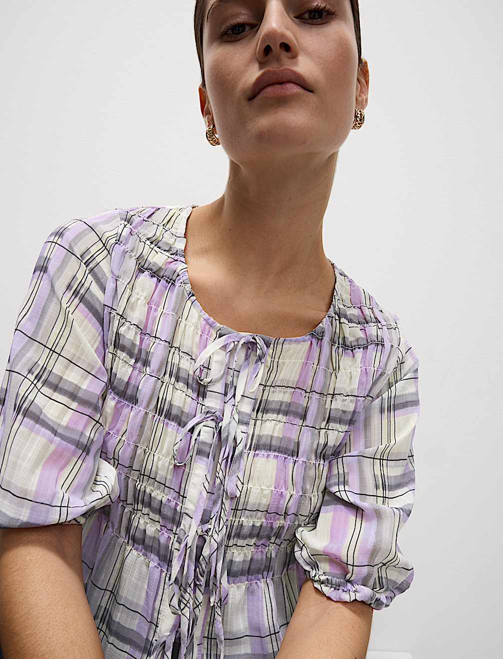 Shirred Tie Front Blouse