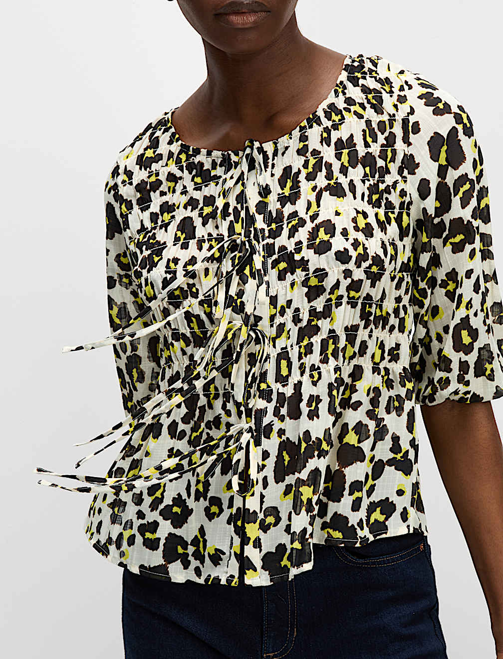 Shirred Tie Front Blouse