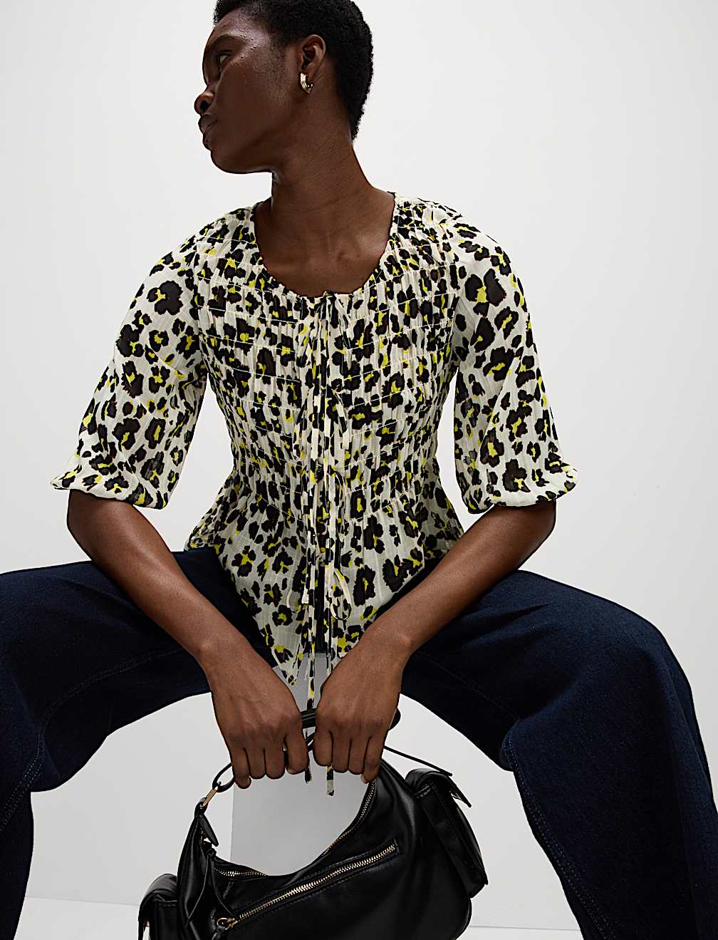 Shirred Tie Front Blouse