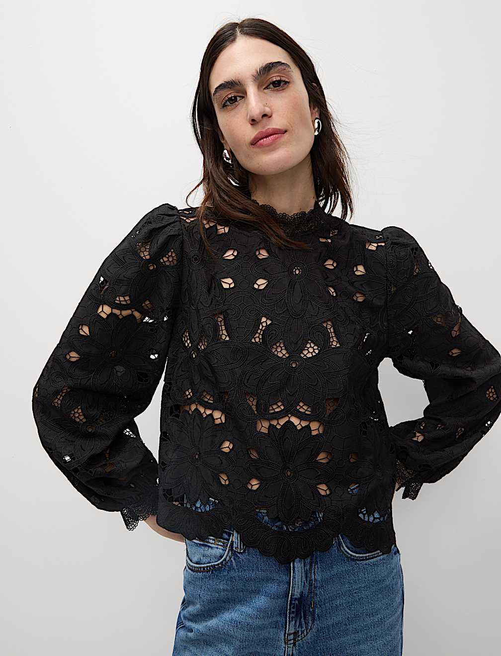 Cutwork High Neck Puff Sleeve Top