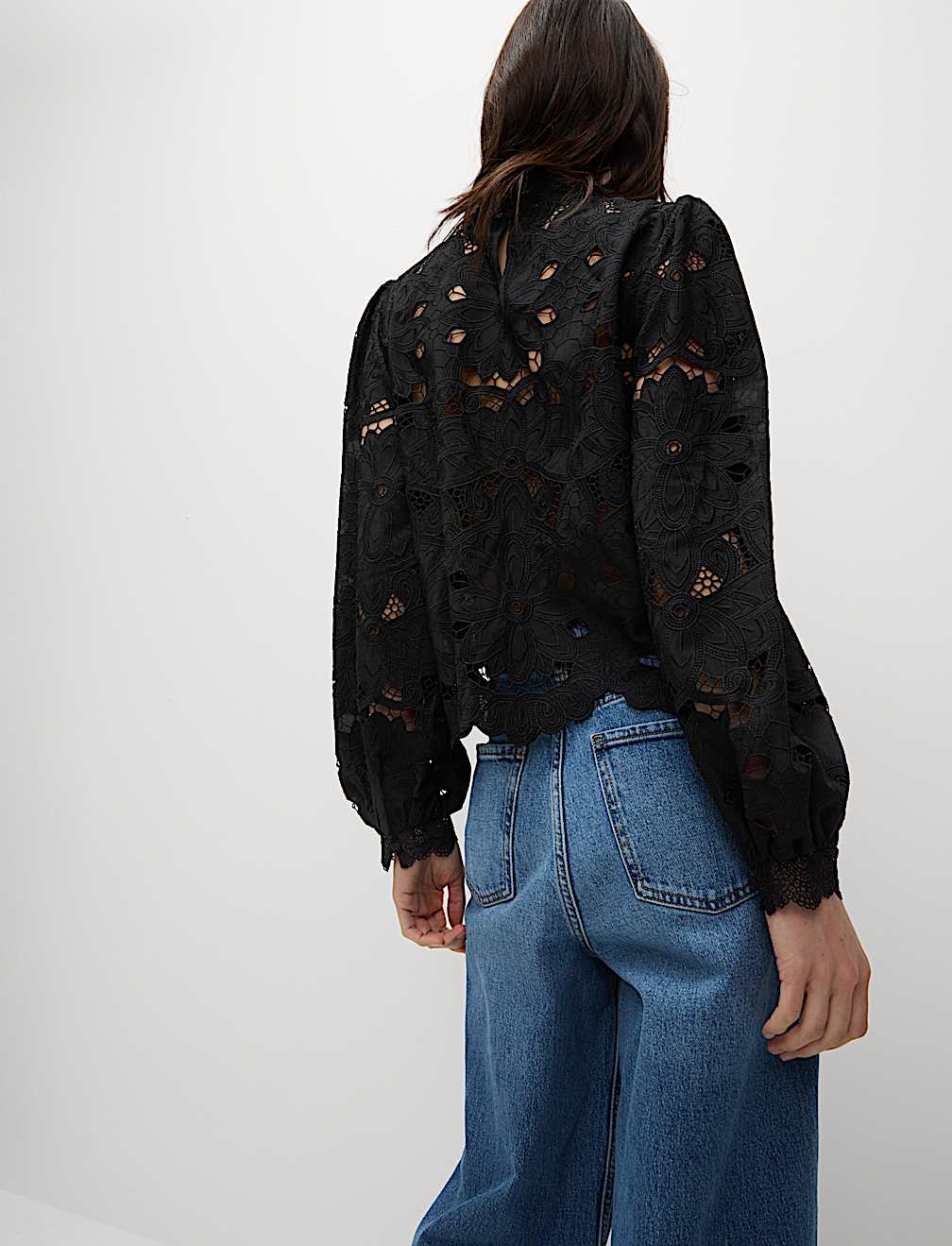 Cutwork High Neck Puff Sleeve Top