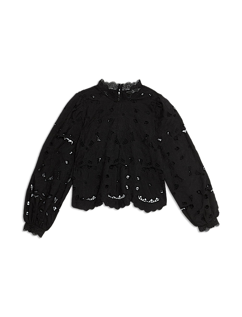 Cutwork High Neck Puff Sleeve Top