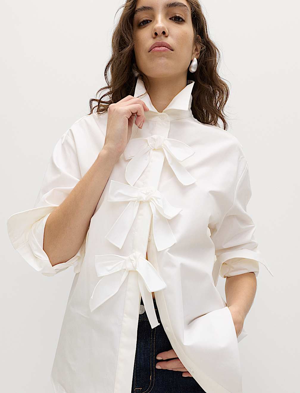 Pure Cotton Bow Detail Collared Shirt