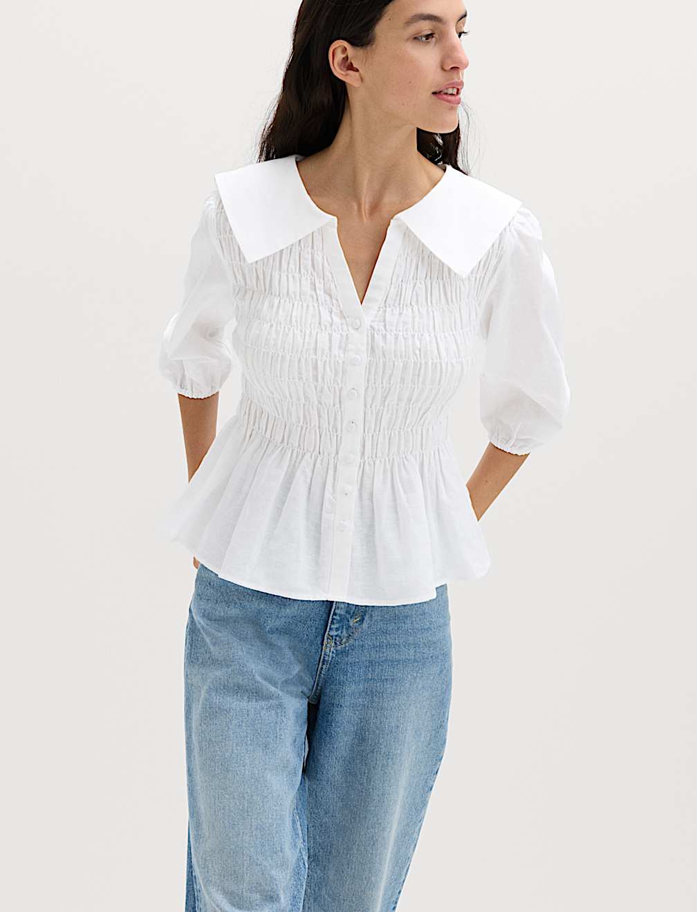 Linen Rich Collared Shirred Shirt