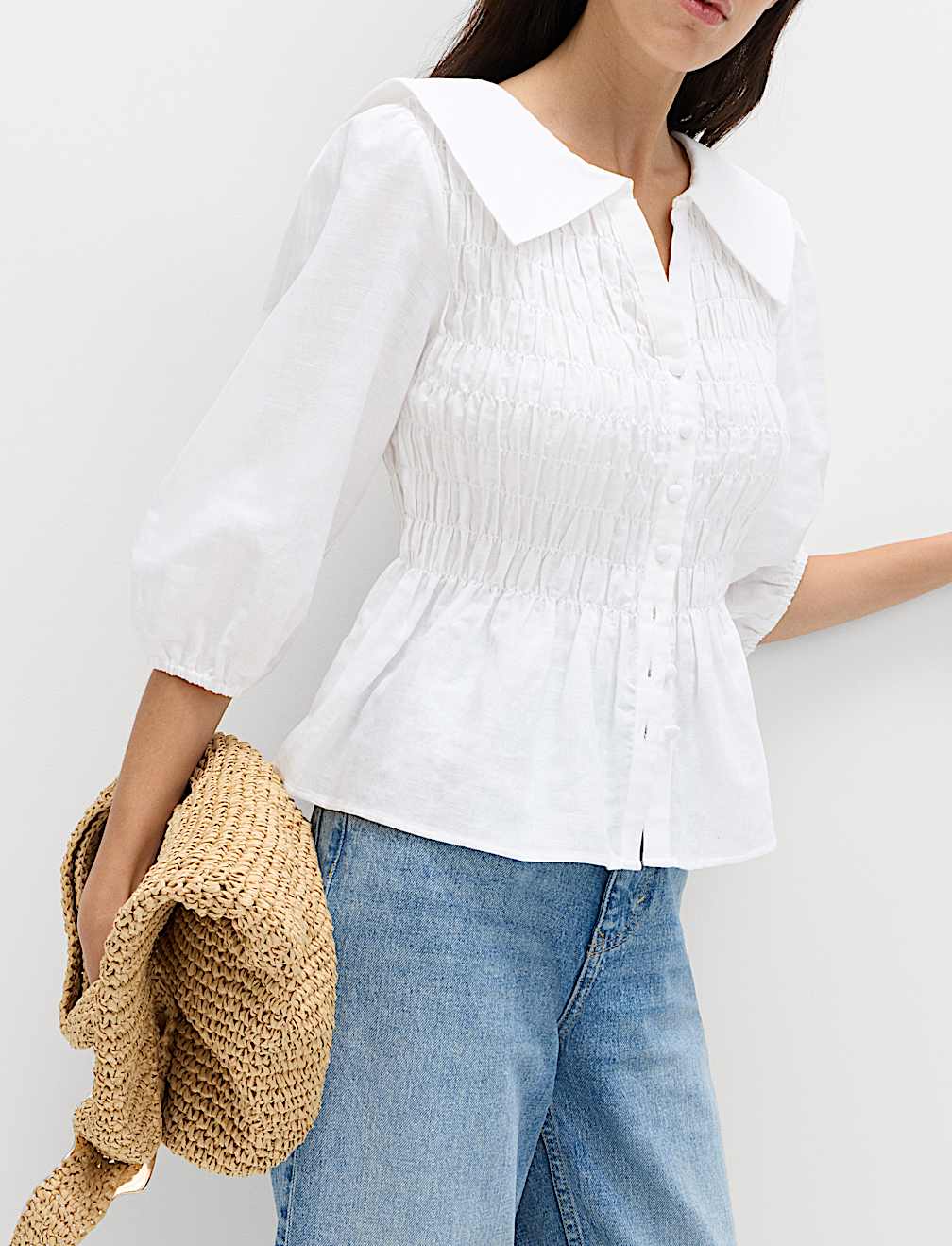 Linen Rich Collared Shirred Shirt