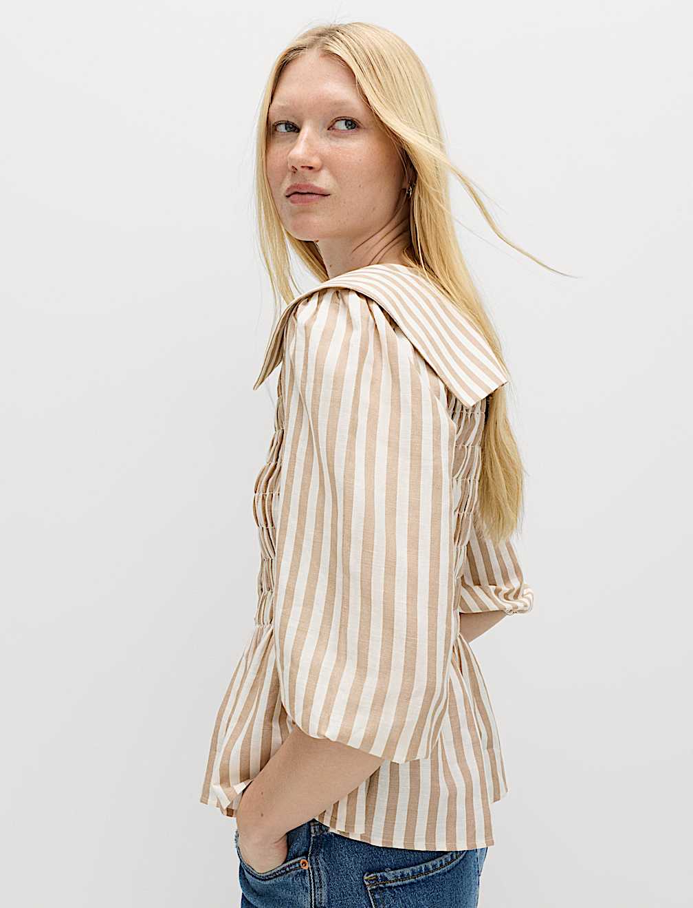 Linen Rich Polka Dot Shirred Blouse