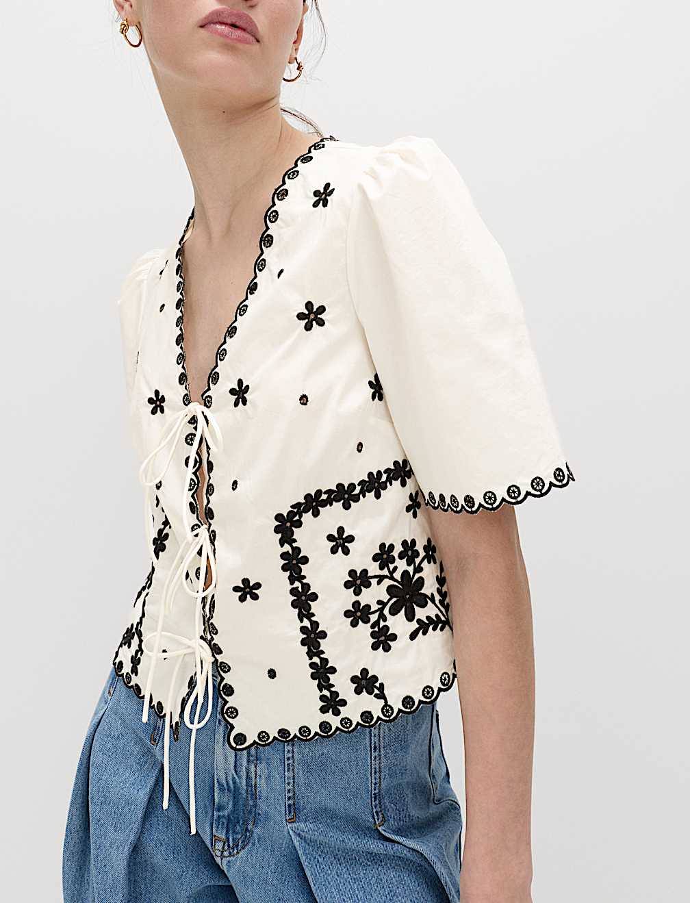 Pure Cotton Embroidered Tie Detail Top