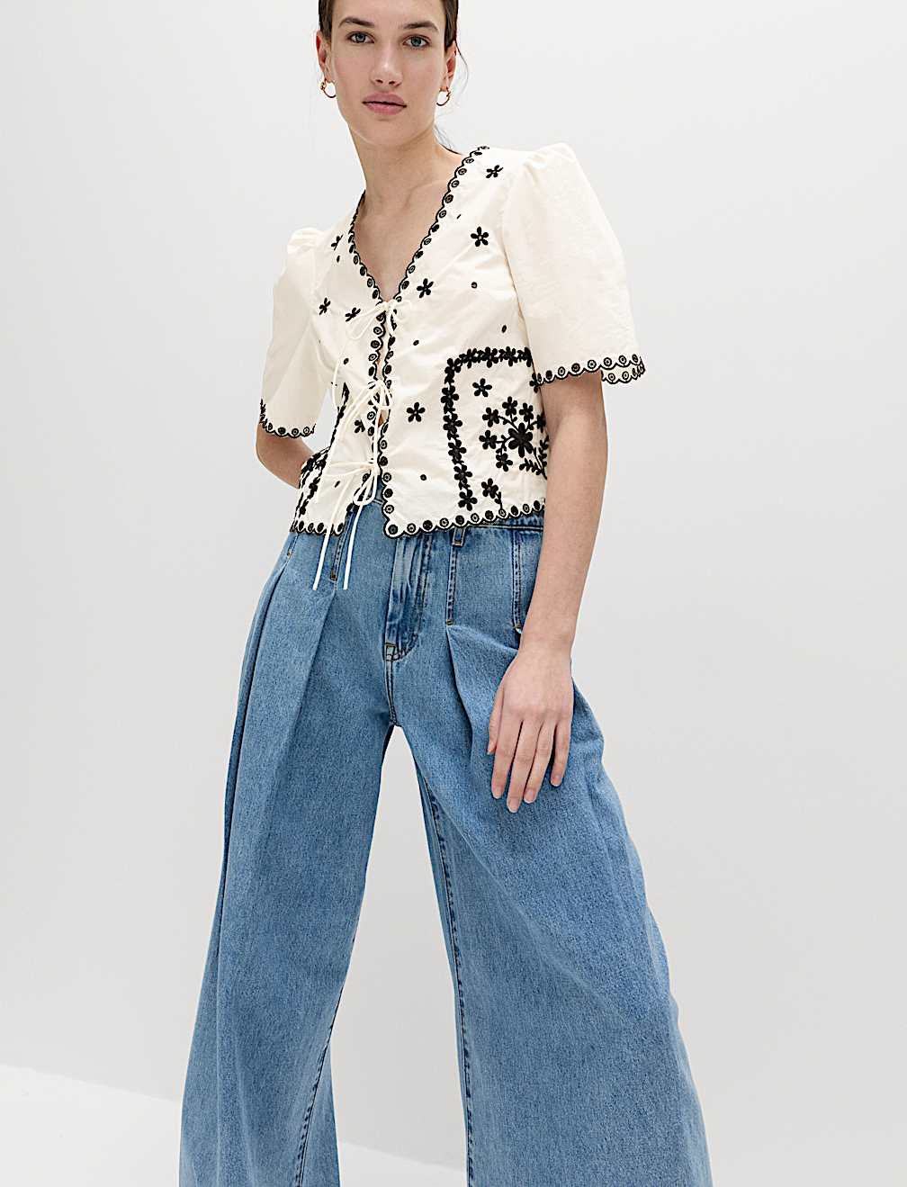 Pure Cotton Embroidered Tie Detail Top