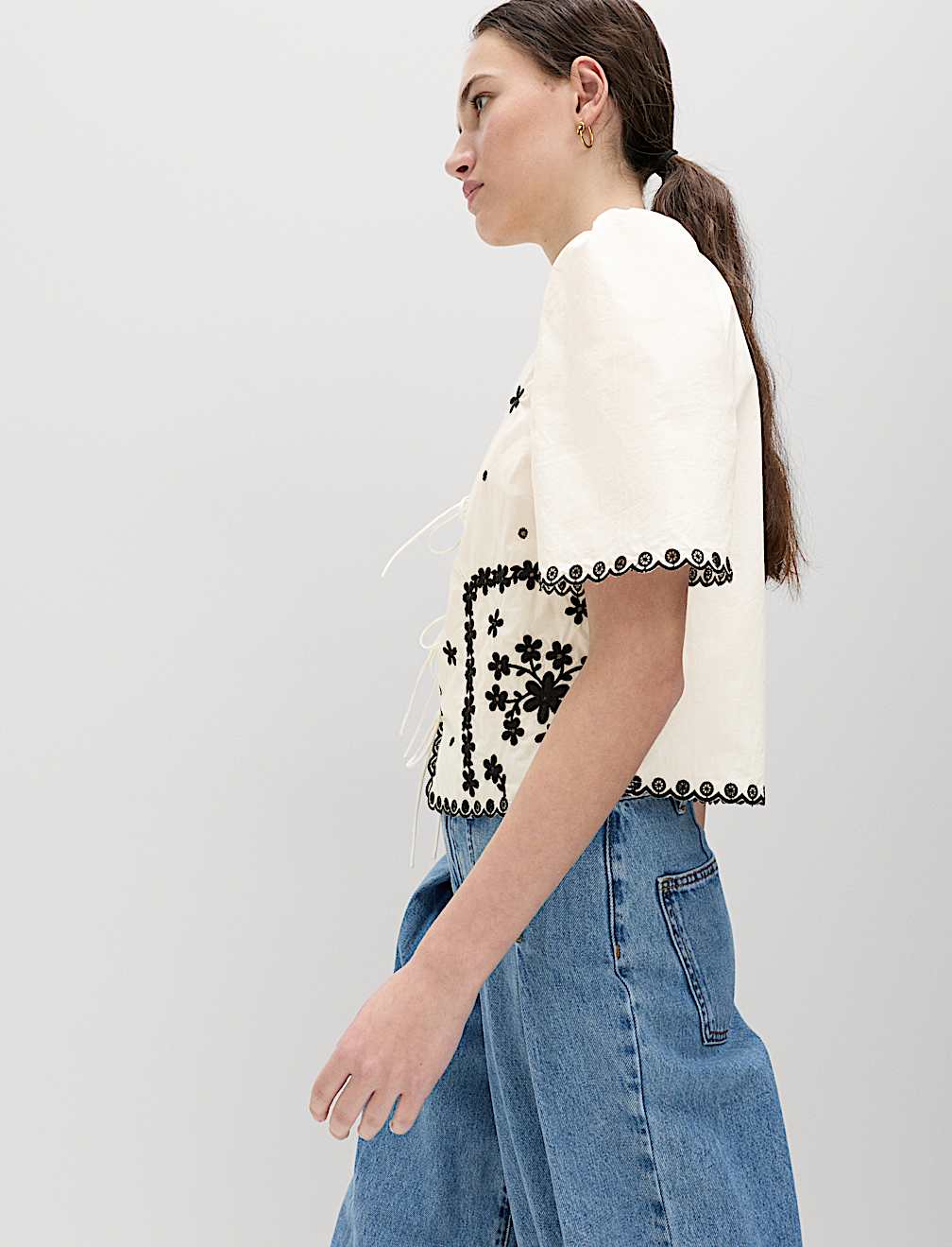 Pure Cotton Embroidered Tie Detail Top