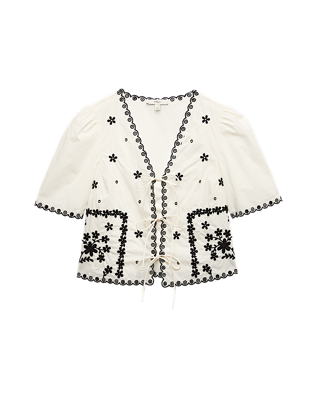 Pure Cotton Embroidered Tie Detail Top