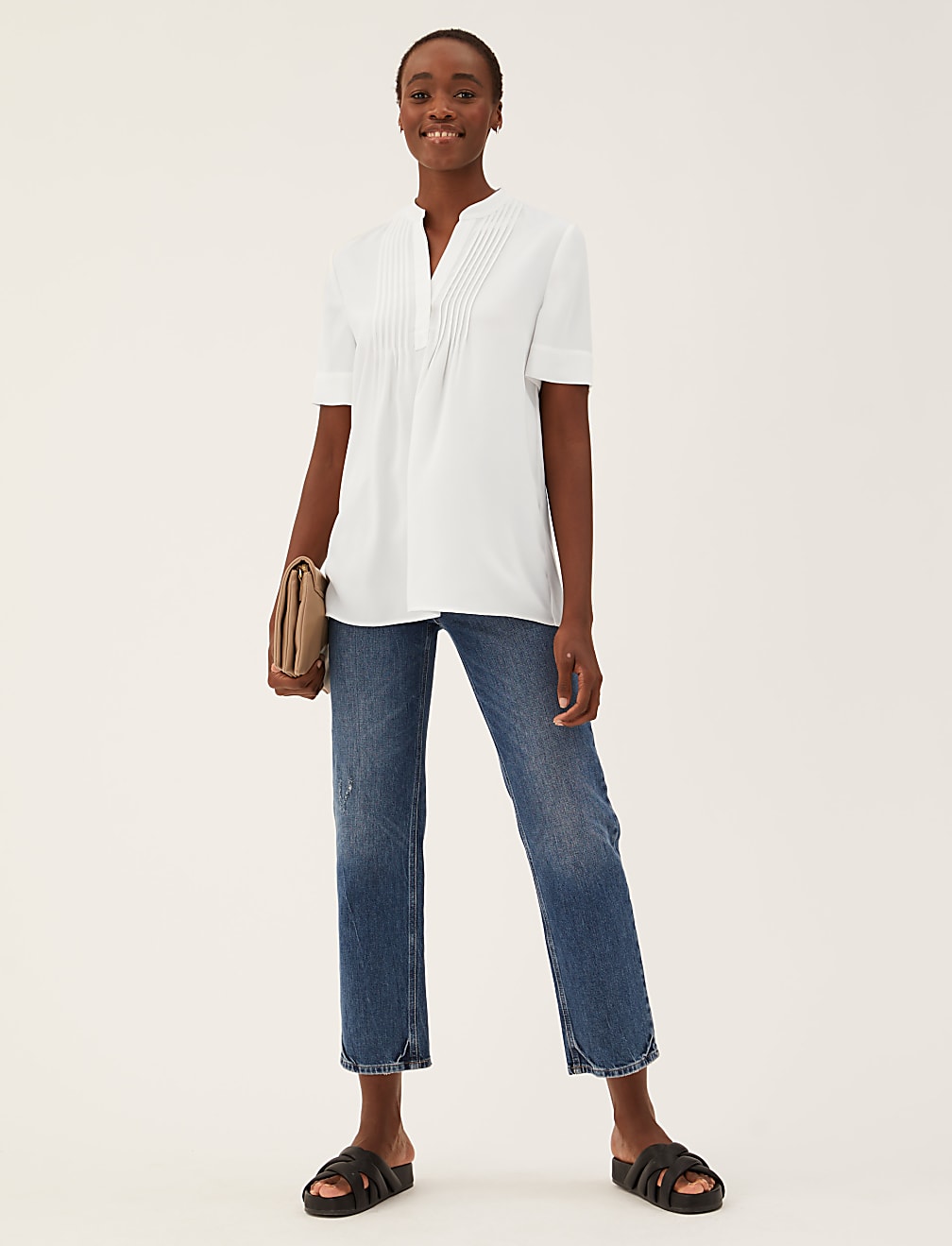 V-Neck Pintuck Short Sleeve Popover Blouse