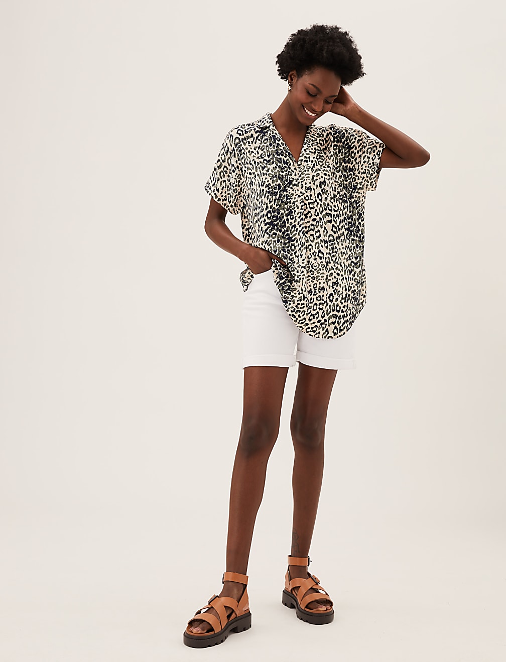 Animal Print Collared Popover Blouse