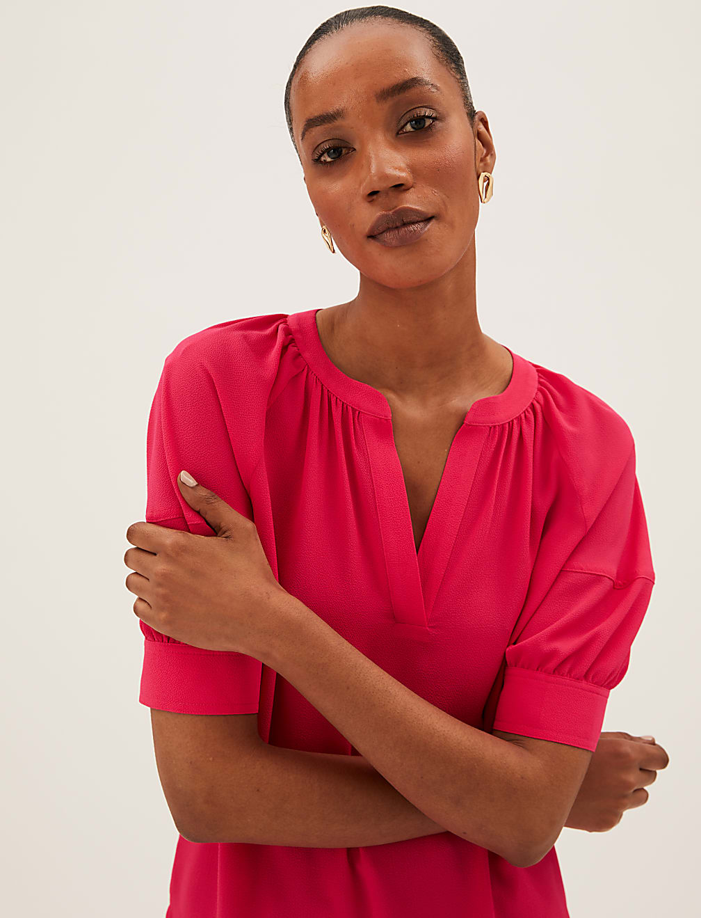 V-Neck Puff Sleeve Popover Blouse