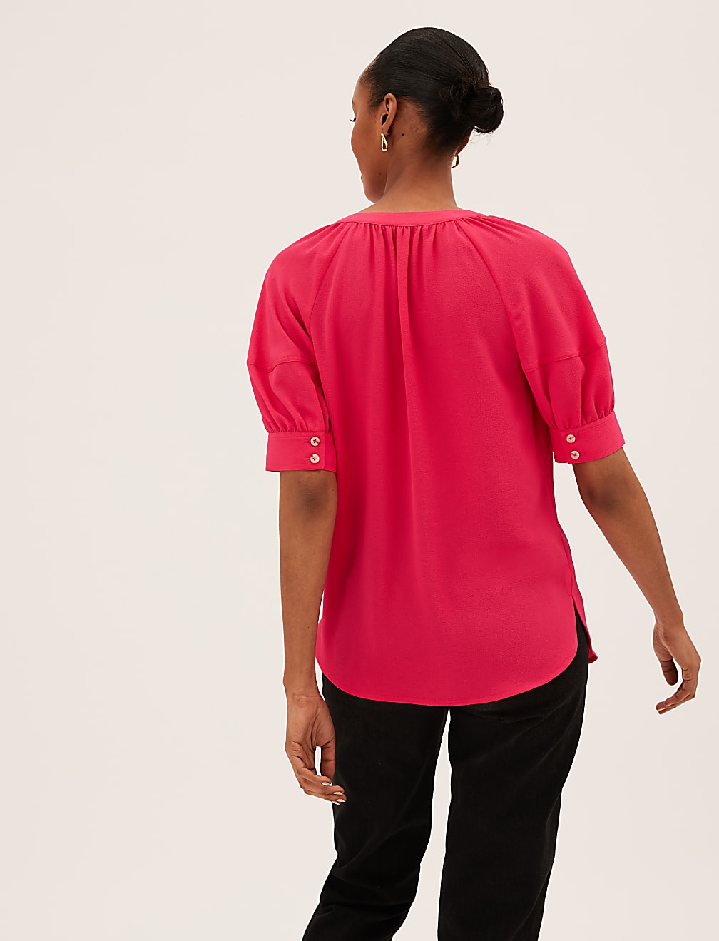 V-Neck Puff Sleeve Popover Blouse