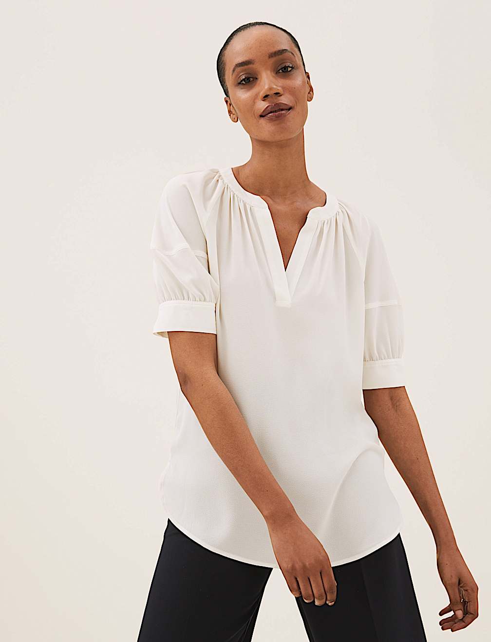 V-Neck Puff Sleeve Popover Blouse