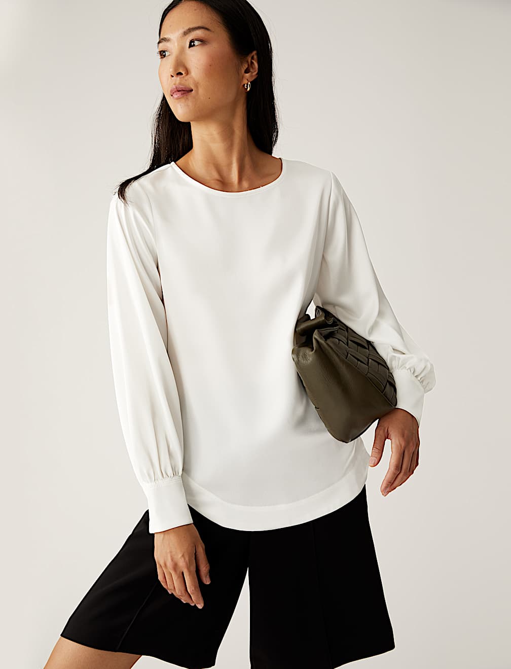Satin Round Neck Long Sleeve Top
