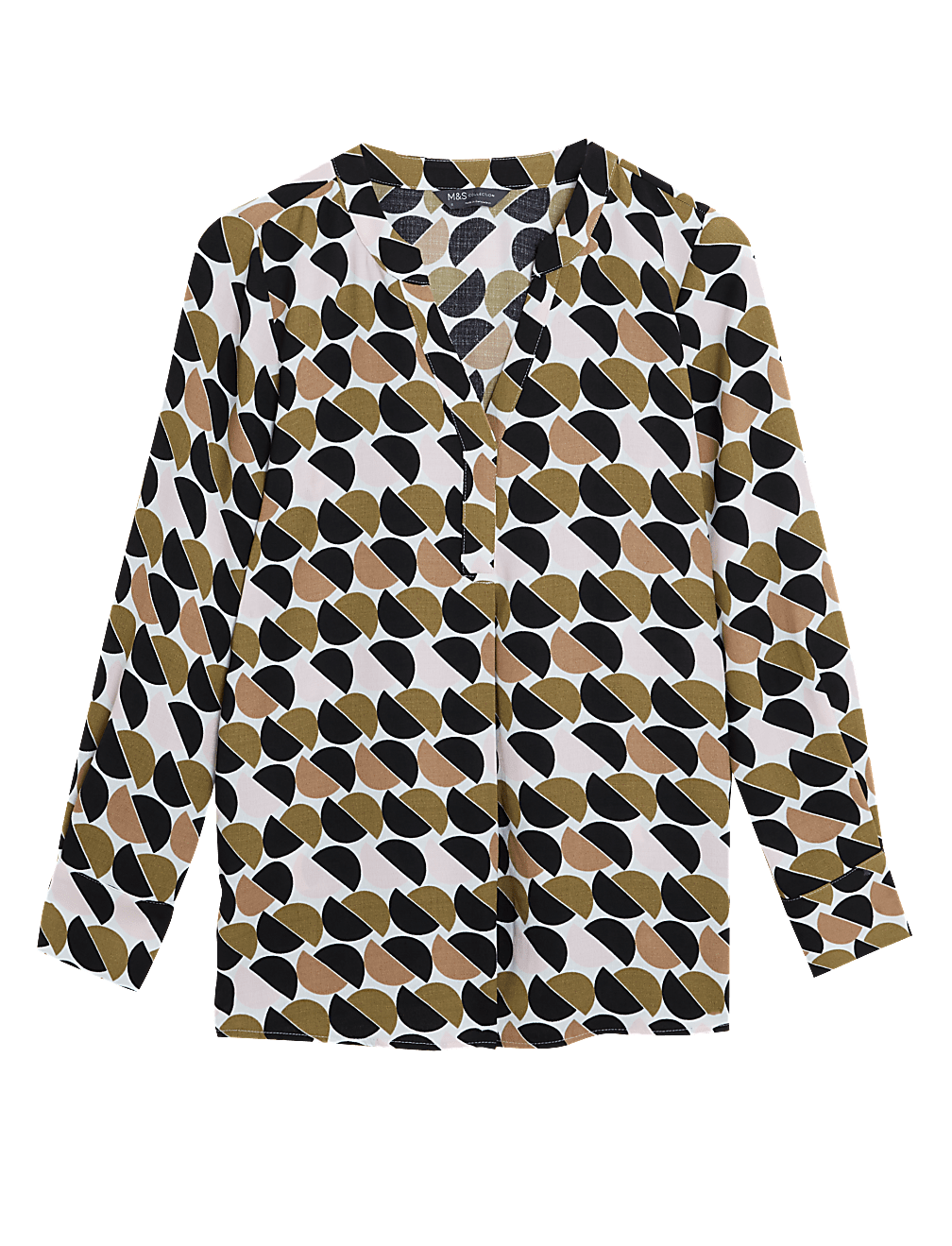 Geometric V-Neck Long Sleeve Popover Blouse