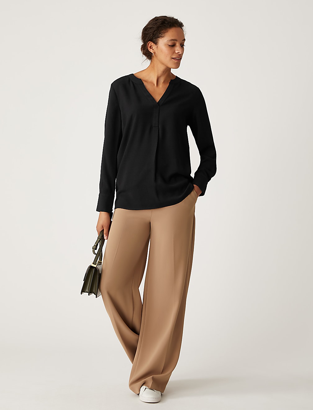 V-Neck Long Sleeve Popover Blouse