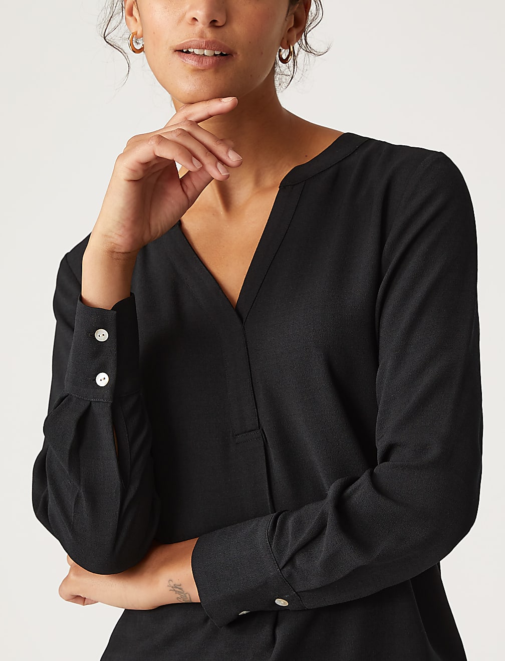 V-Neck Long Sleeve Popover Blouse