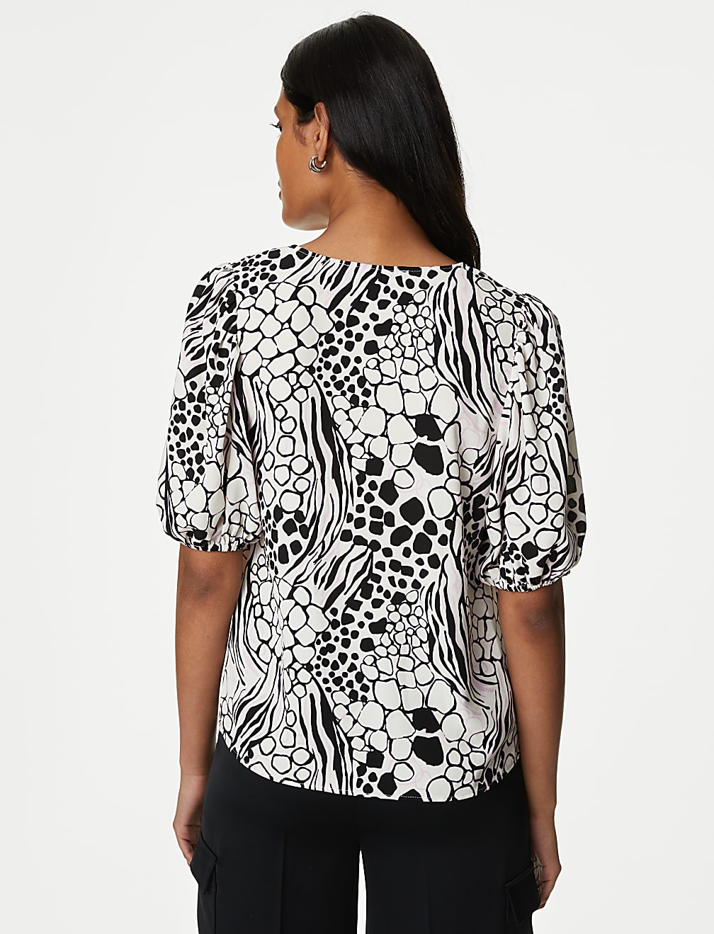 Printed V-Neck Puff Sleeve Blouse