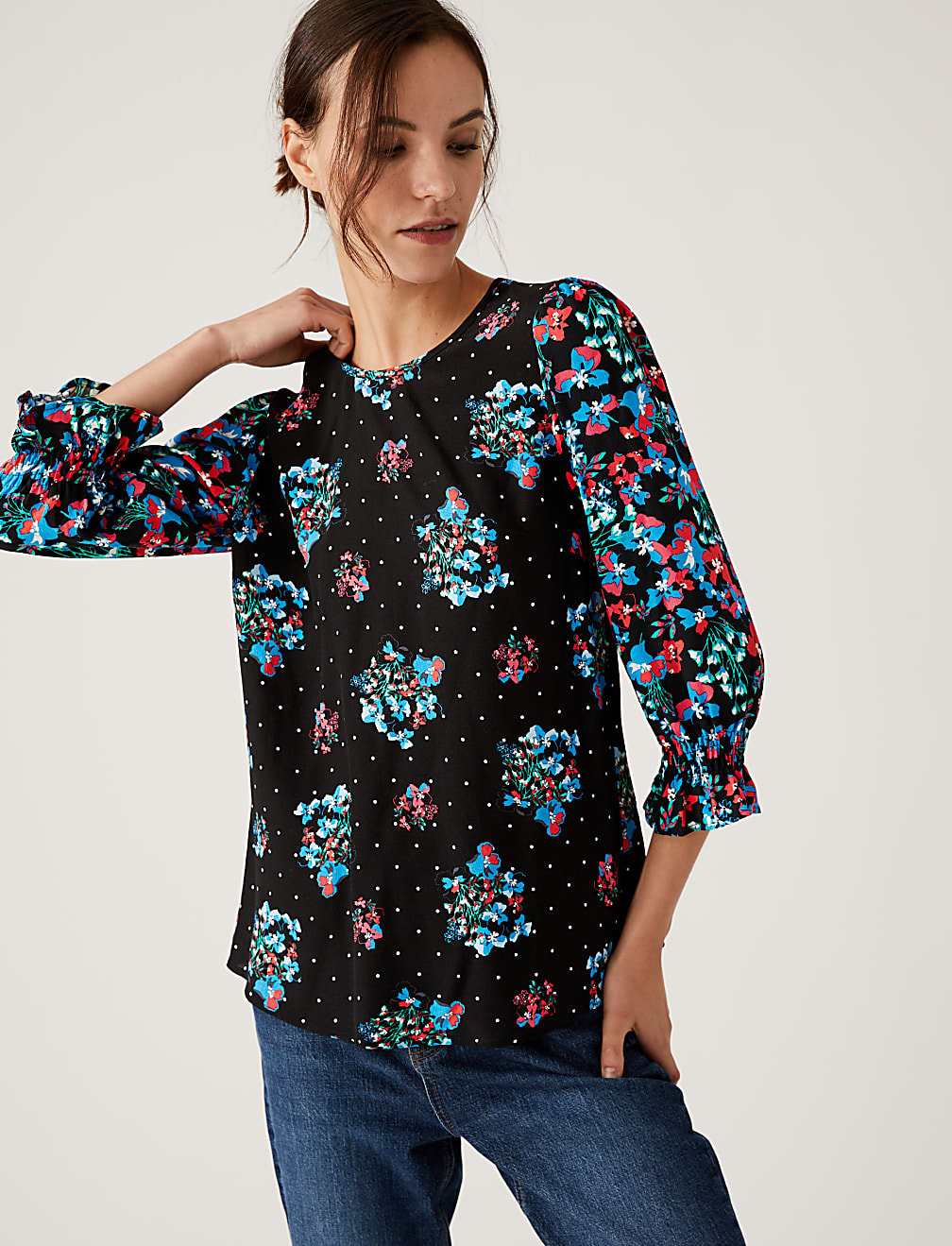 Floral Round Neck 3/4 Sleeve Top