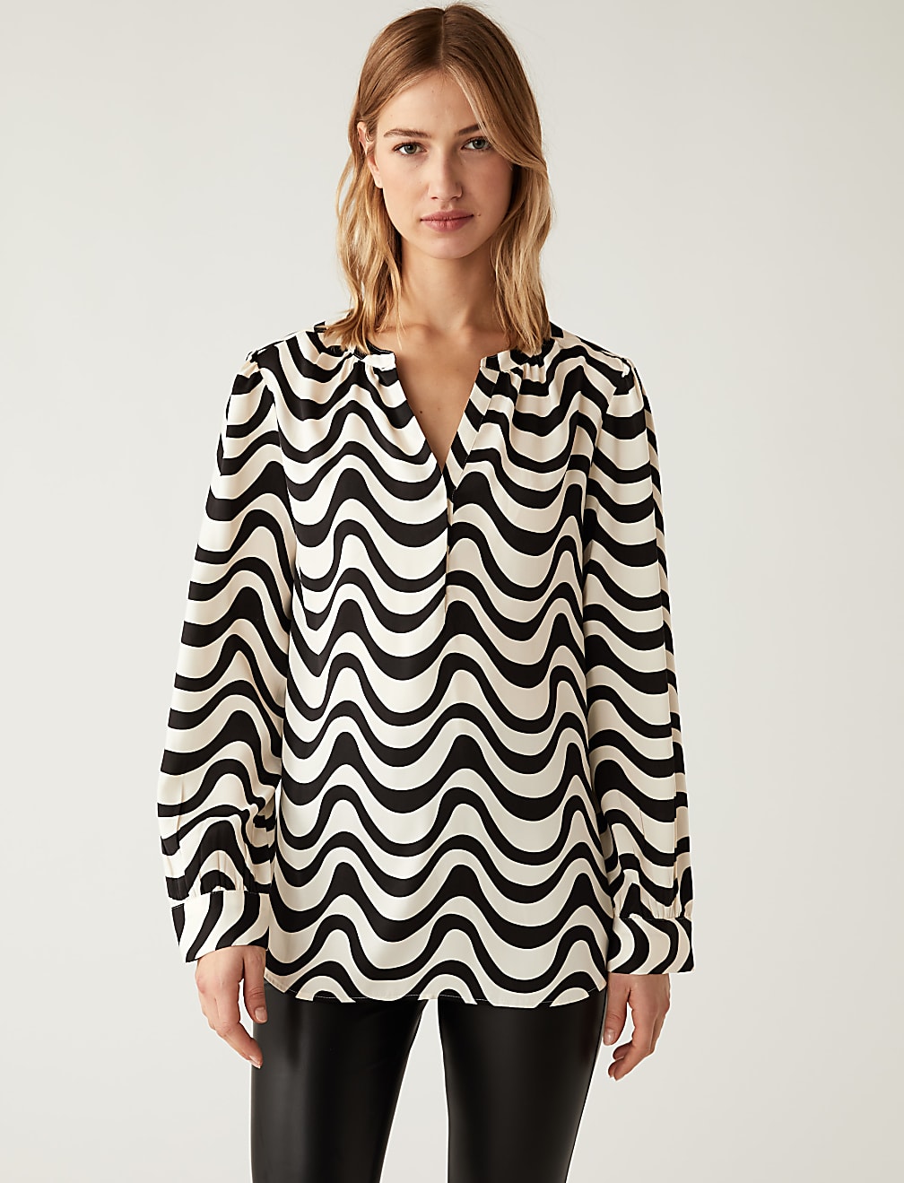 Printed V Neck Popover Blouse