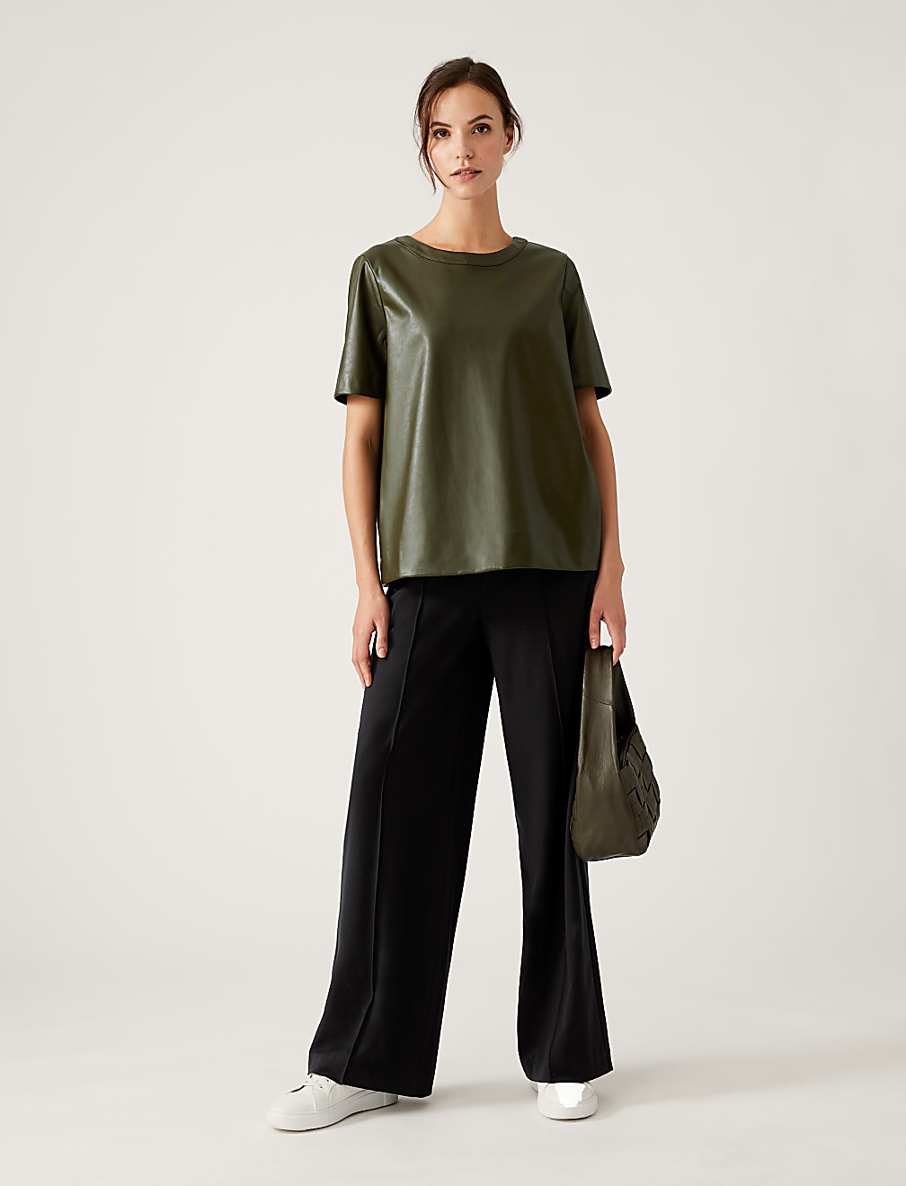 Faux Leather Round Neck Short Sleeve Top